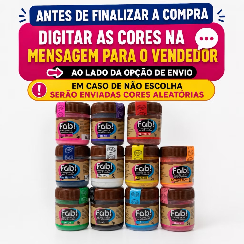 3un CORANTE EM PÓ PARA CHOCOLATE 5g CORES FAB - ESCOLHA SUAS CORES