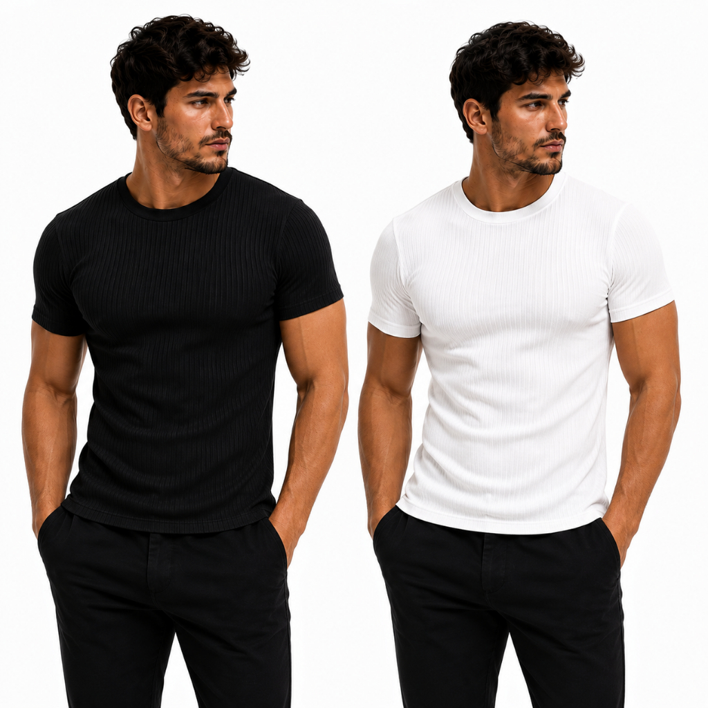 Kit 2 Camisetas Caneladas Masculinas Premium Slim Fit Ajustada Manga Curta Casual Básica Confortável Moda Masculina