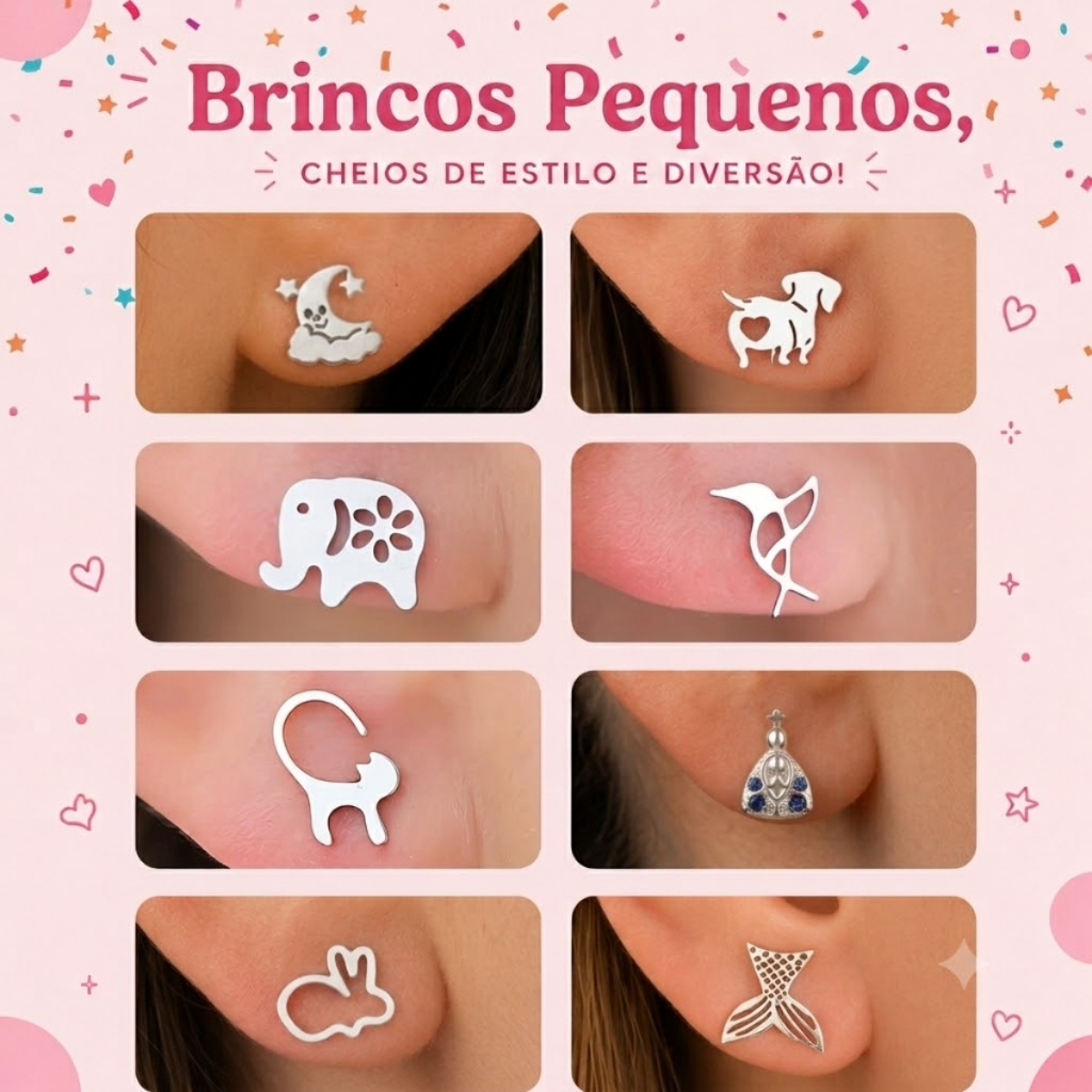 Brinco Pequeno Mini em Aço Inox 316L Copa Borboleta Gatinho Vários Modelos Não escurece Hipoalergênico