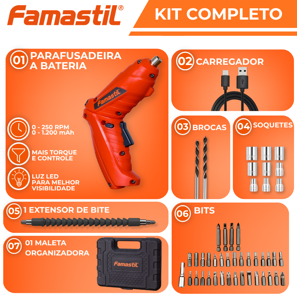 Kit Parafusadeira Doméstica Com Maleta 49 Peças Sem Fio Recarregável USB Articul