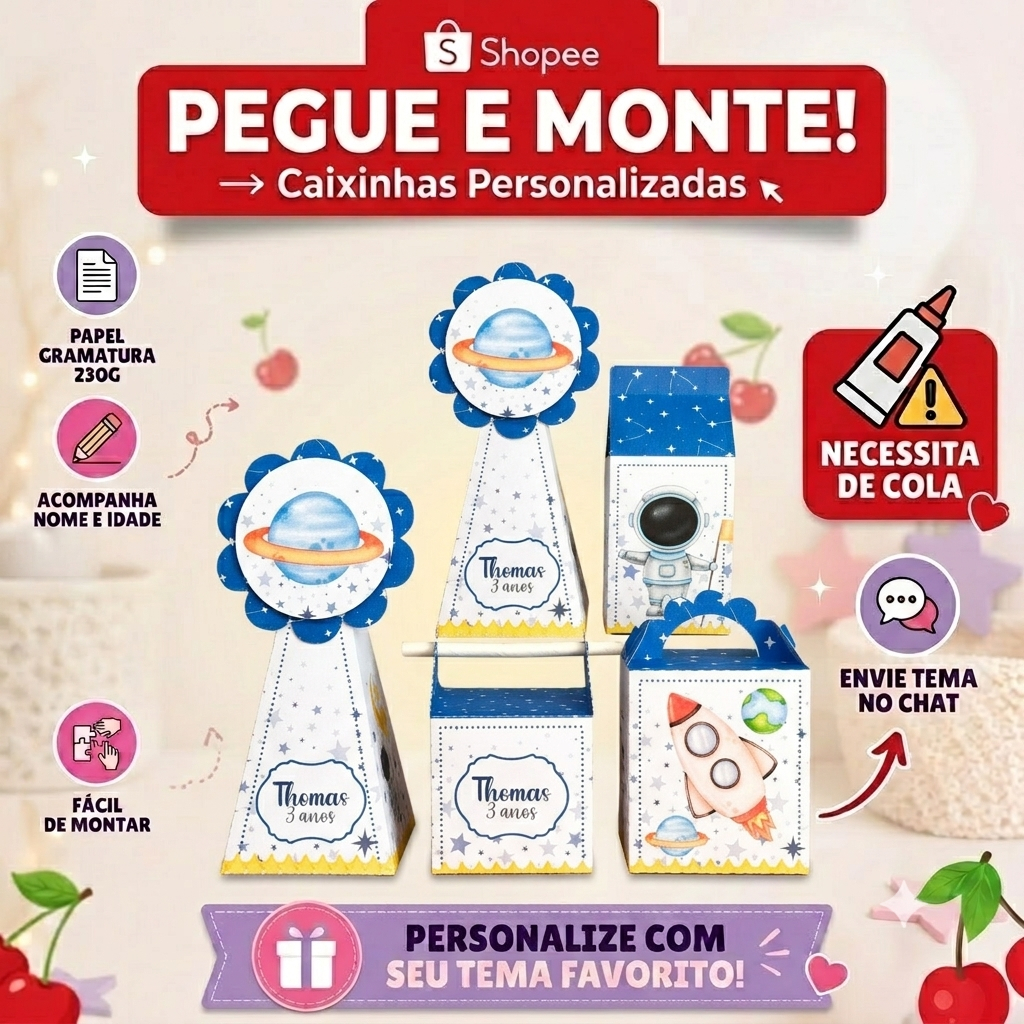 Kit Caixinhas Pegue e Monte Personalizadas Tema Astronauta Espaço - Lembrancinhas Festa Infantil Aniversário Desmontada