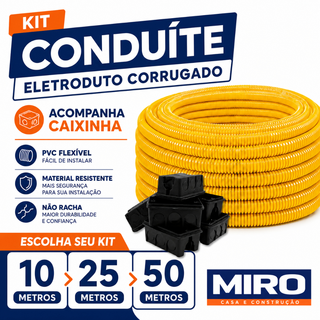 Conduite Eletroduto Corrugado 3/4 Amarelo 10 25 50 Metros Caixinha 4x2 Preta PVC Flexível Reforçado