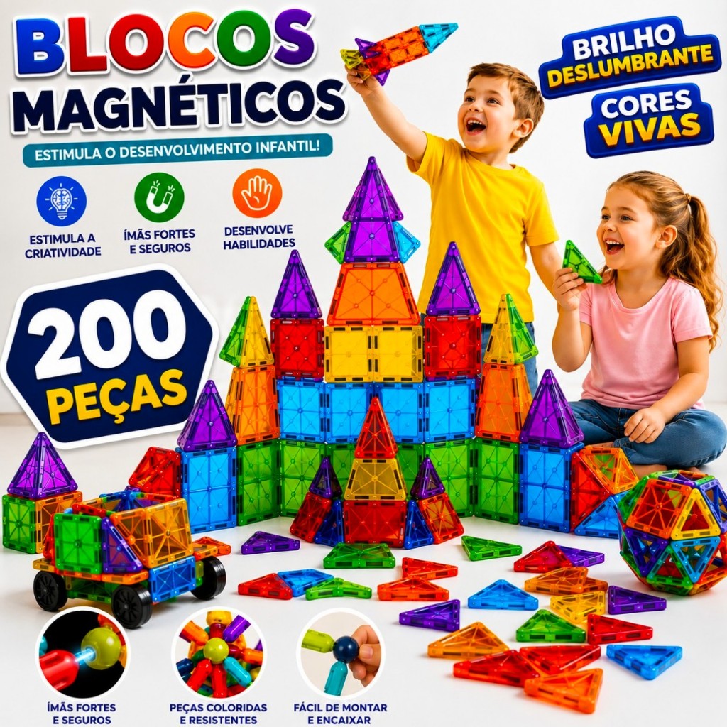 Blocos Magnéticos 3D Infantis para Construção