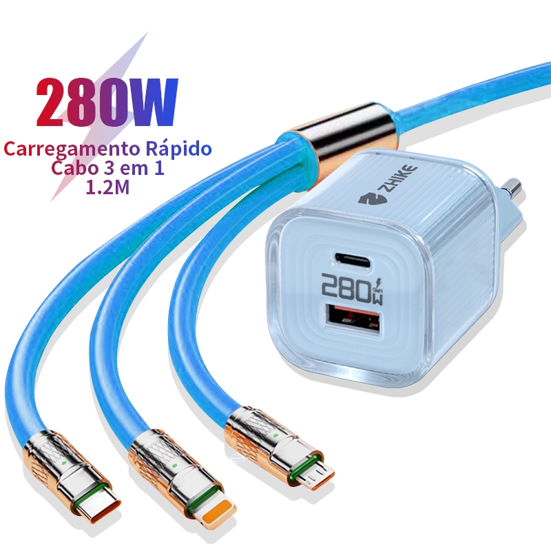 Kit Cabo Carregador Carregamento Rapido ZHIKE 3 em 1 Tipo C Micro USB V8 iP 1.2M Silicone Dados Com Adaptador GaN