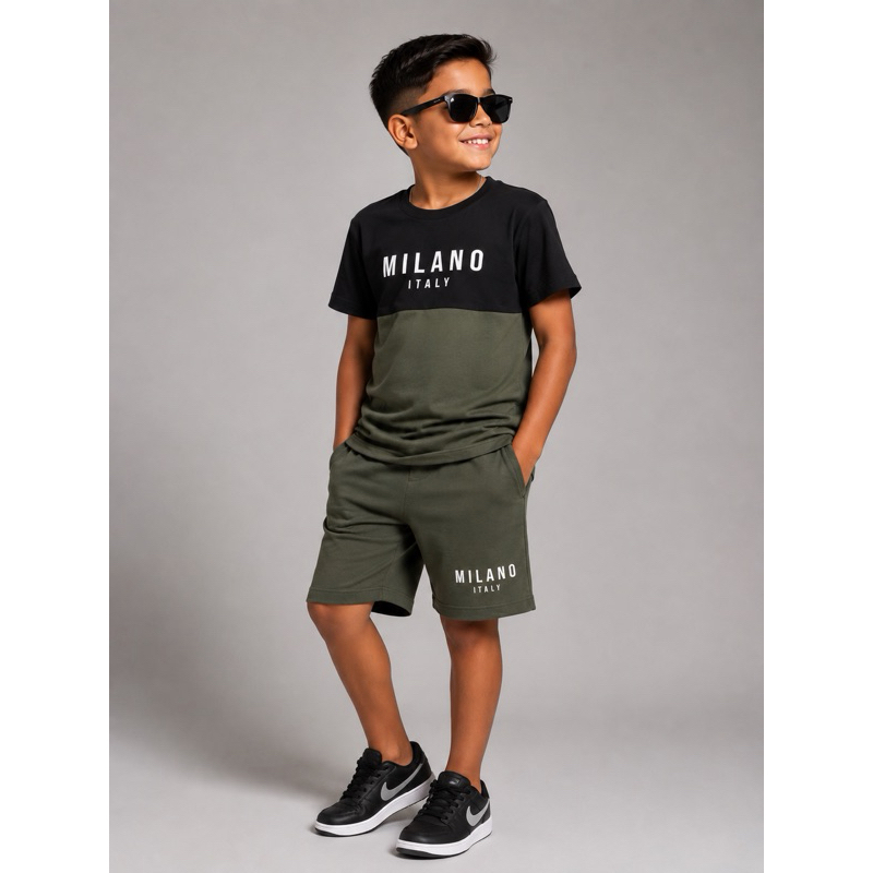 Conjunto Infantil Masculino Milano Italy Camiseta + Bermuda Moletinho Casual Verão
