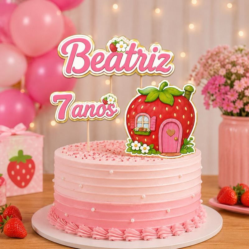 Topo de Bolo Moranguinho  Personalizado Nome e Idade 3D Mesversário aniversário Bebê Menina infantil festa