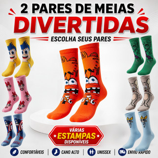 Kit 2 Pares Meias Divertidas Adulto Personagens
