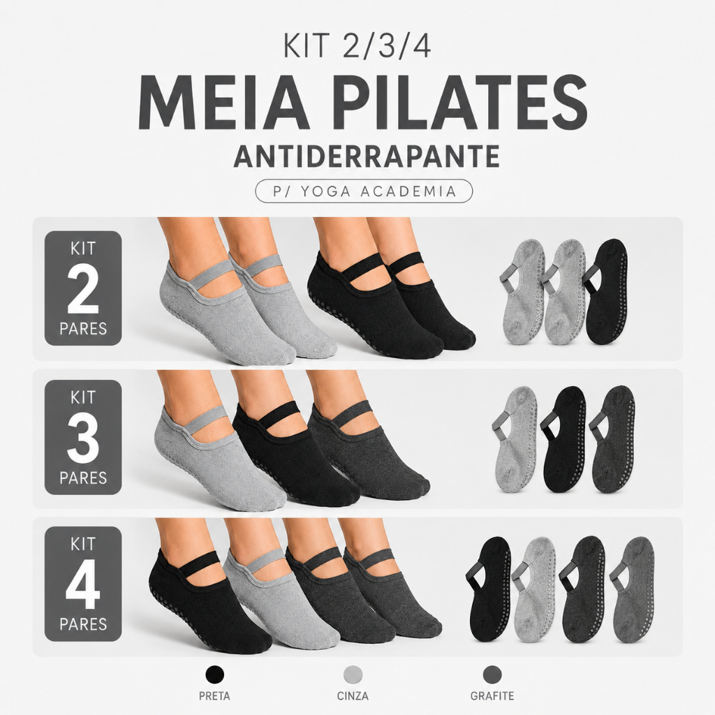 Kit 2, 3, ou 4 Pares Meia Sapatilha Pilates Academia Yoga Crossfit Dança Solado Antiderrapante Feminina Hidroginastica