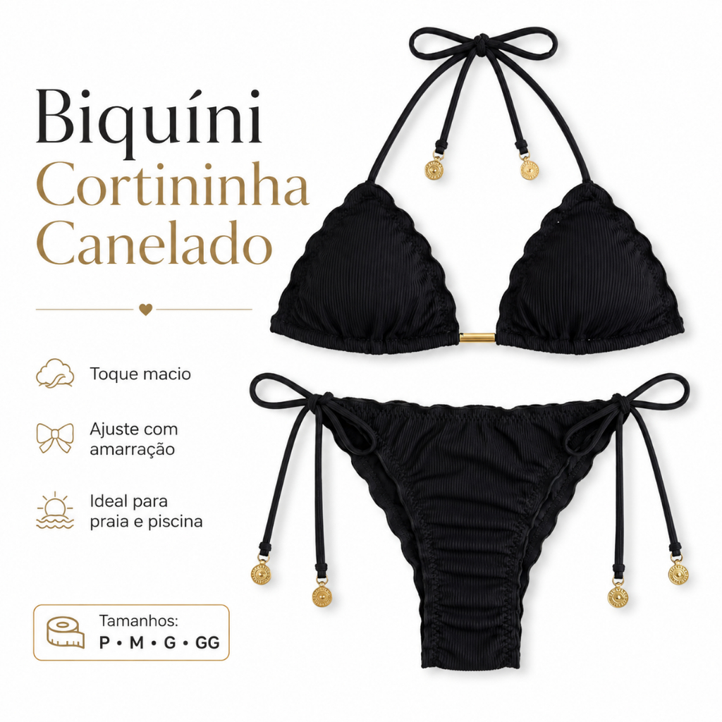 Biquíni Cortininha Preto Canelado com Amarração Lateral e Pingentes Dourados