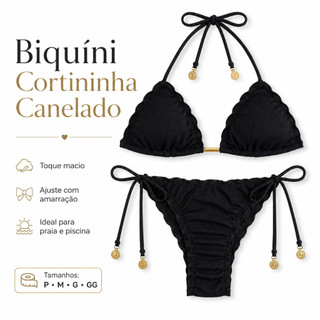 Biquíni Cortininha Preto Canelado com Amarração Lateral e Pingentes Dourados