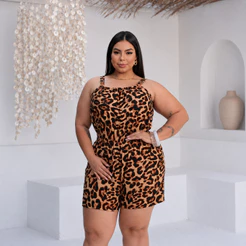 Macaquinho feminino Plus Size soltinho alça grossa viscolinho (Tamanhos GG, G1 e G2) Estampa Animal Print