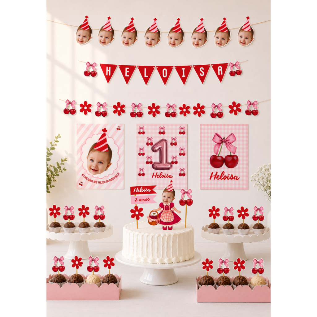 Kit Festa Cereja Personalizado | Doce Cerejinha | Só um Bolinho | Mesversário e Aniversário Infantil
