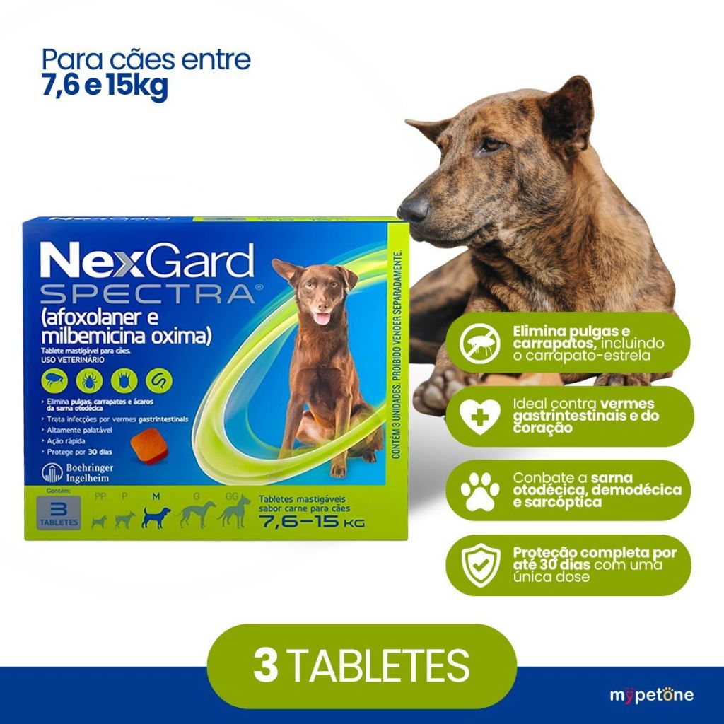NexGard Spectra para Cães 7,6 a 15kg Antipulgas e Carrapatos - 3 Tabletes