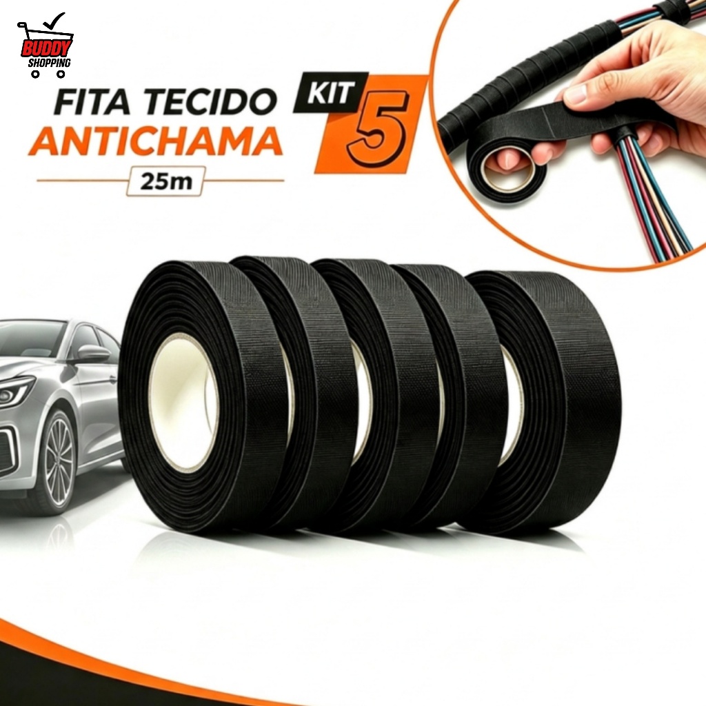 Kit 5 Fita Isolante Tecido Lonada Antichama 30M Para Chicote Automotivo Fios e C
