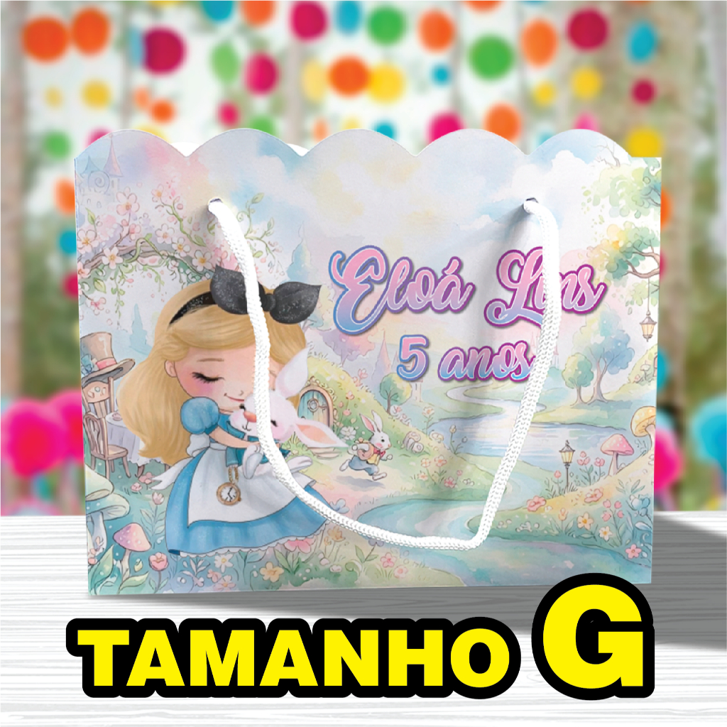 Sacolinha de Festa Alice no País das Maravilhas Grande Tamanho G Lembrancinha Personalizada Kit Festa Sacola Ondulada