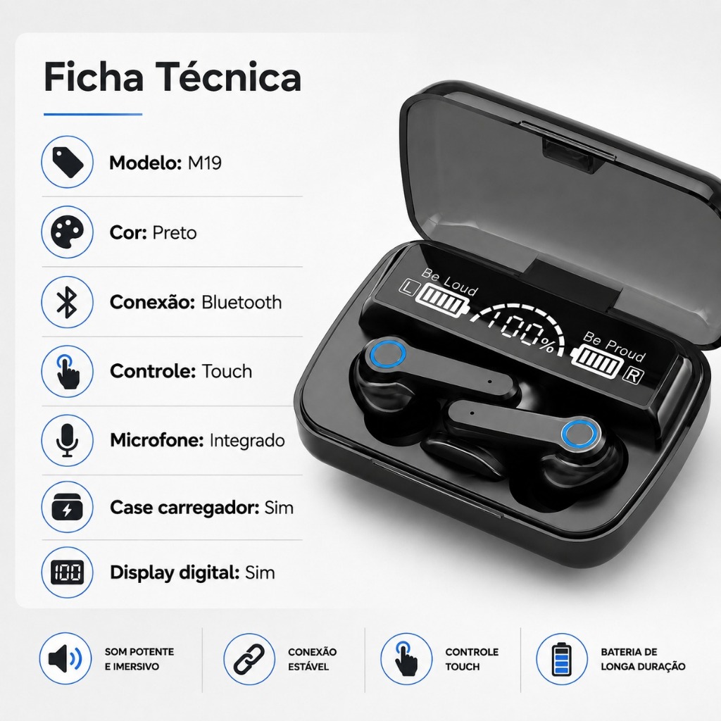 Fone De Ouvido Bluetooth Sem Fio M19 Touch com Microfone Bateria Longa Duração — imagem 2 de 2