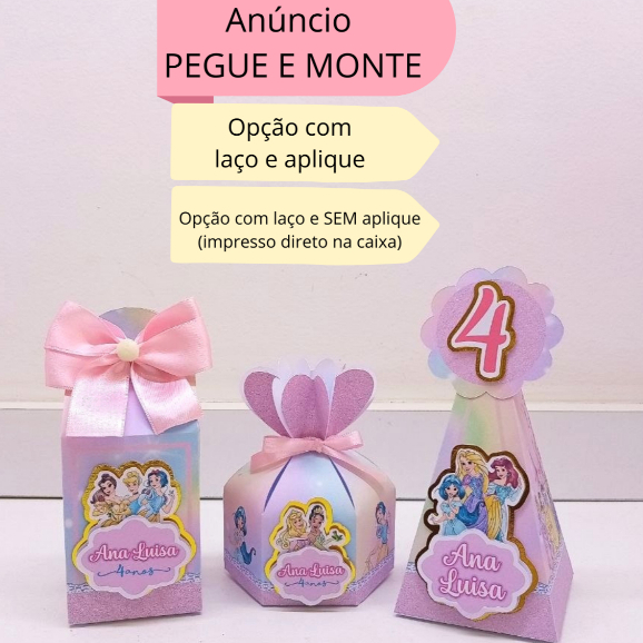 Kit Caixinhas Personalizadas Princesas|Lembrancinhas para Festas com laço e aplique Monte em Casa