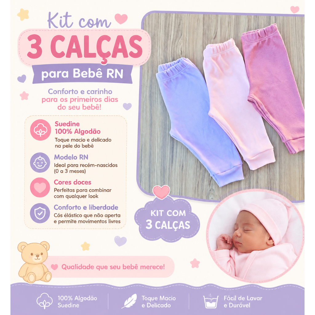 3 Calça Mijão RN Bebê Menino e Menina Malha Suedine Enxoval Para Bebês