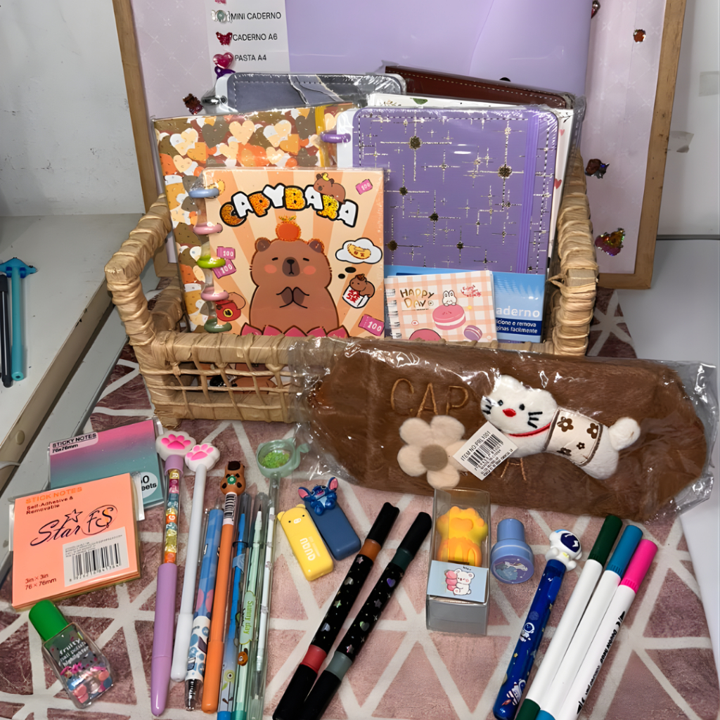 Kit Papelaria Criativa 30 ITENS - Papelaria Fofa Luxo - Kawaii- Kit Premium - Cadernos - Caneta fofa - Caderno de Disco
