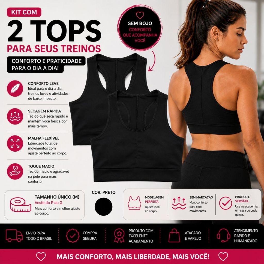 Kit 2 Top Academia Miusa Sport nadador Top Alta Sustentação Academia Treino Fitness Feminino