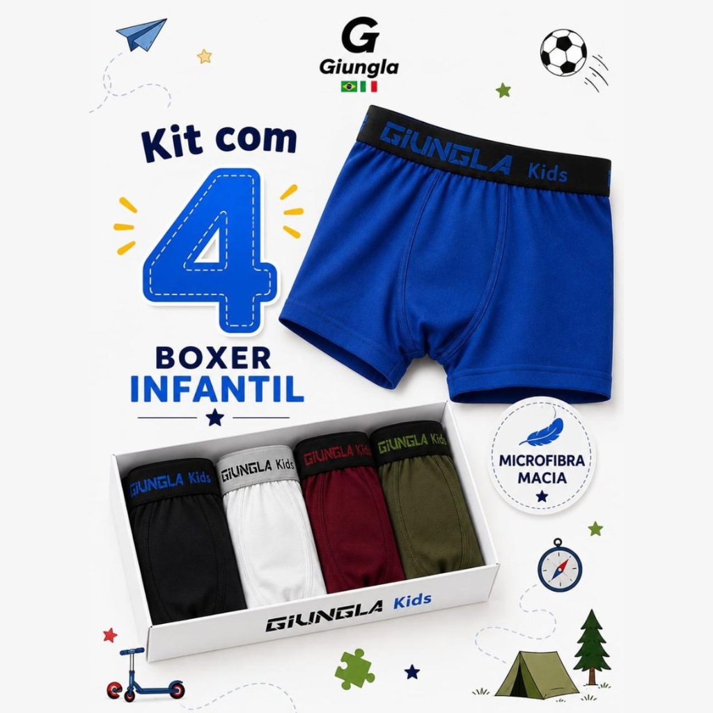 Kit 4 Cuecas Boxer Infantil para Meninos Microfibra Lisa Cueca Box Giungla Kids