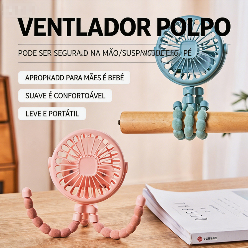 Mini Ventilador Octopus 3 Velocidades USB Recarregável para Carrinho de Bebê / Mesa / Viagem