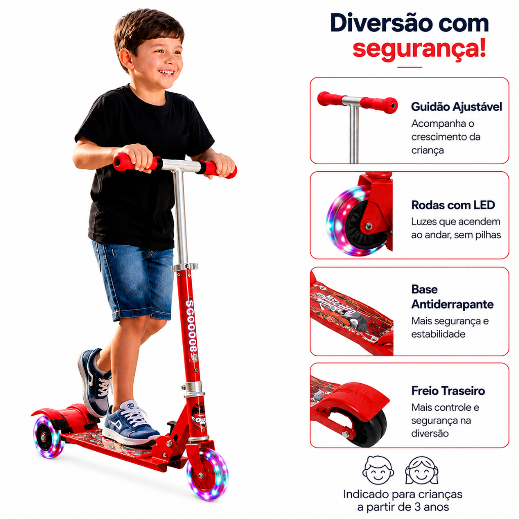Patinete Dobrável Infantil C/3 Rodas Com Led Ajustável Estável Resistente Até 40kg Diversão