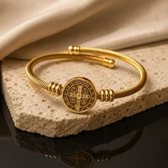 Bracelete São Bento Aço Inoxidável Dourado Unissex Proteção Religiosa Pulseira Ajustável