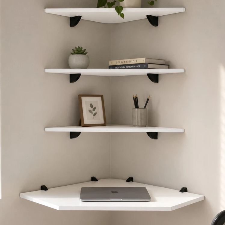 Escrivaninha Mesa Canto Suspensa Branca 3 Prateleiras Home Office Computador Notebook Quarto Estudo Escritório MDF