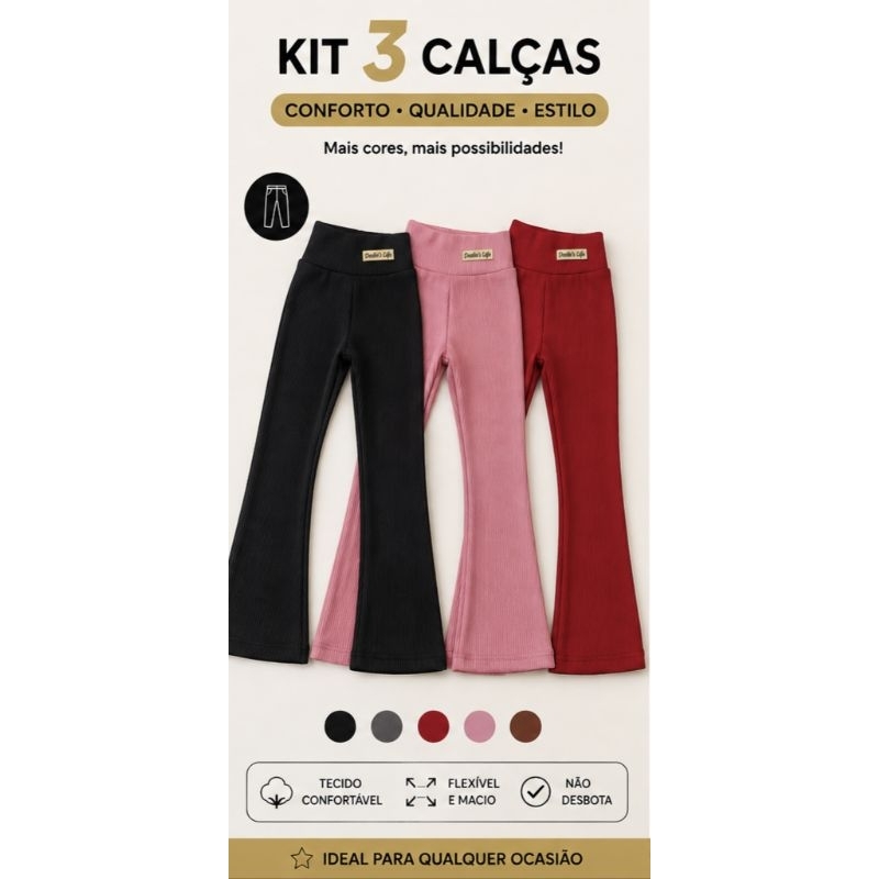 KIT 3 calça legging flare infantil menina malha ANA RUGA