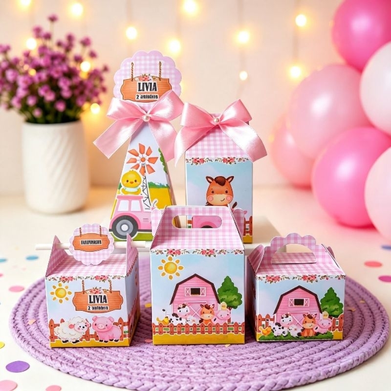 (PEGUE E MONTE)- Caixinhas Personalizadas Fazendinha Rosa Claro aniversário/Decoração /Kit Lembrancinha/Festa
