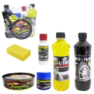 Kit Estética Automotiva 5 em 1 Cera Carnaúba Lava Autos Pretinho Silicone + Esponja "Envio Imediato"