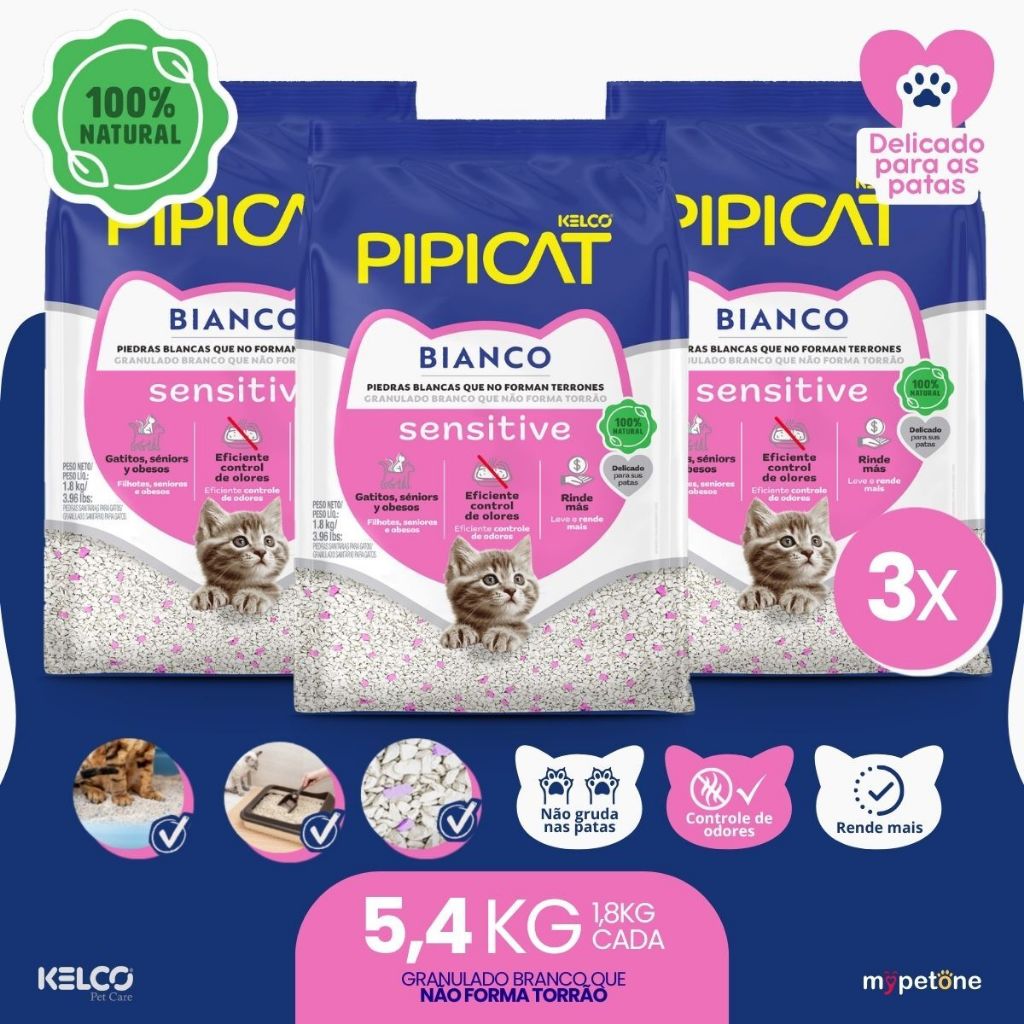 Kit 3 Pipicat Bianco Sensitive Granulado Sanitário - 1,8Kg