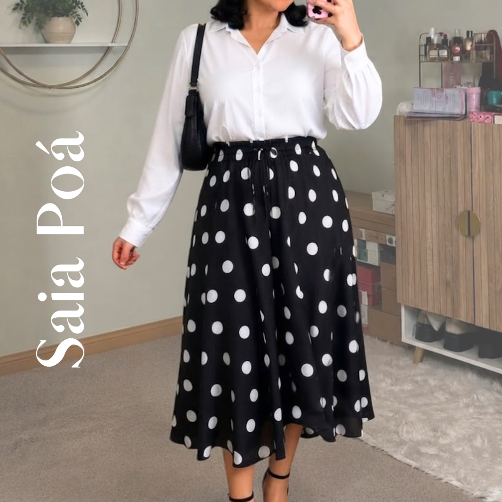 Saia Poá Midi Feminina Plus Size Cintura Elástica Com Bolsos Conforto e Estilo