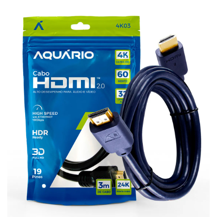 Aquário Cabo HDMI 4K 3.0m Ultra HD 60Hz HDR Ready 18 Gbps Conectores Banhados a Ouro para TV Console e Home Theater