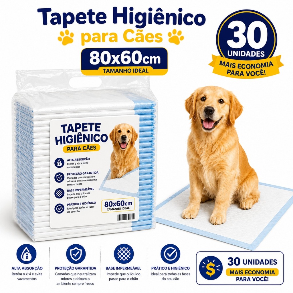 Tapete Higienico Pet 80X60 Ecológico Super Premium Slim Com 30 Unidades Cães De Todos os Tamanhos