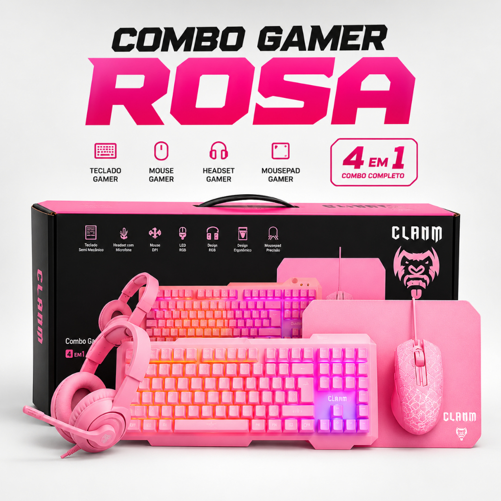 Combo Gamer Clanm Candy 4x1 Kit Gamer Rosa Teclado, Mouse, Fone e Mousepad