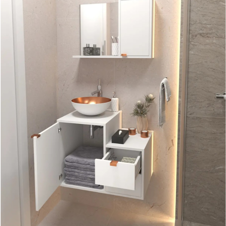 SUPER KIT Gabinete Banheiro Suspenso Com Cuba E Espelho Branco Preto Luxo Moderno Compacto