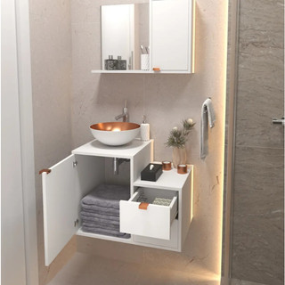 SUPER KIT Gabinete Banheiro Suspenso Com Cuba E Espelho Branco Preto Luxo Moderno Compacto