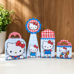 Kit Personalizado Hello Kitty Azul - Monte em casa - Caixas personalizadas Hello Kitty Azul com vermelho