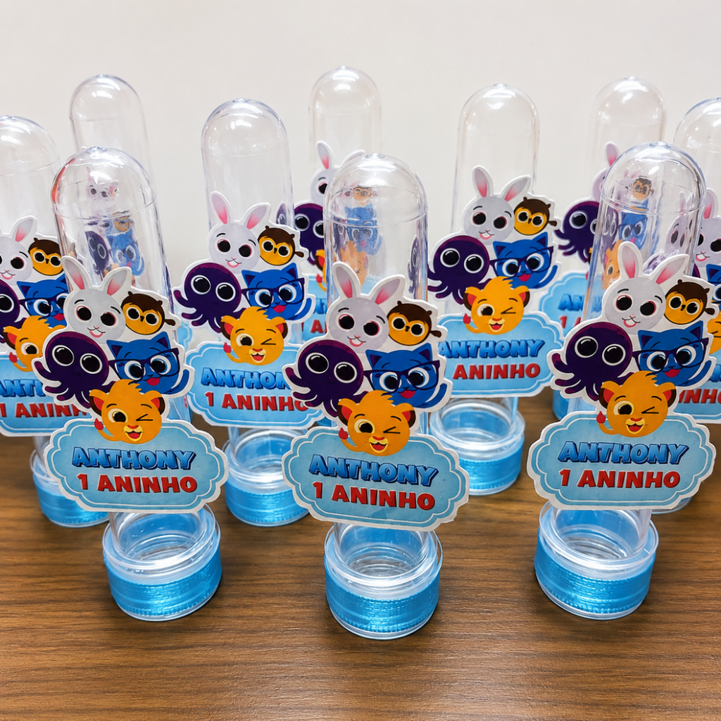 10 Tubetes com Tag Personalizado Bolofofos Azul Aniversário, Lembrancinha