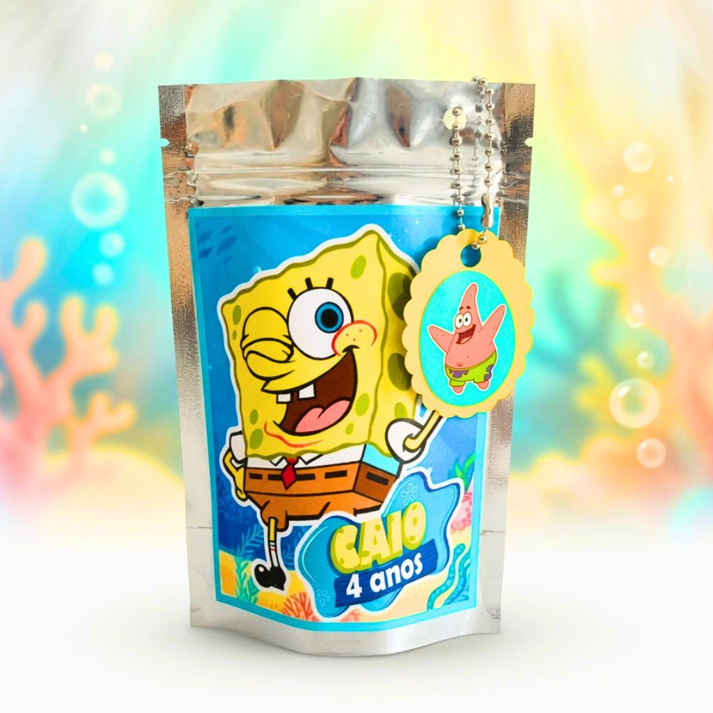 Saquinho Zip Lock Metalizado Personalizado Bob Esponja Lembrancinha Infantil Festa Tema Bob Esponja  Tamanho P