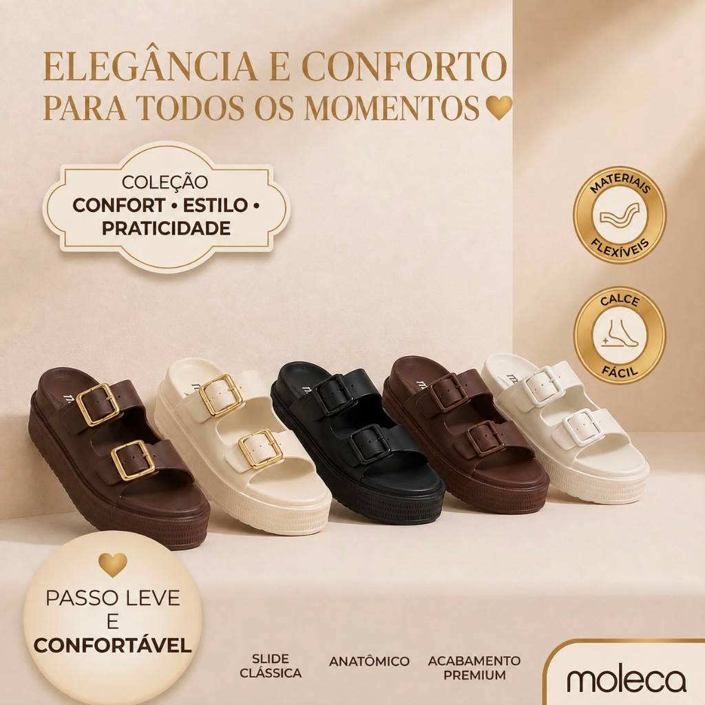 Sandália Feminina Moleca Papete EVA Slide Plataforma Detalhe Dourado Leve Confortável Fivela Ajustável Original