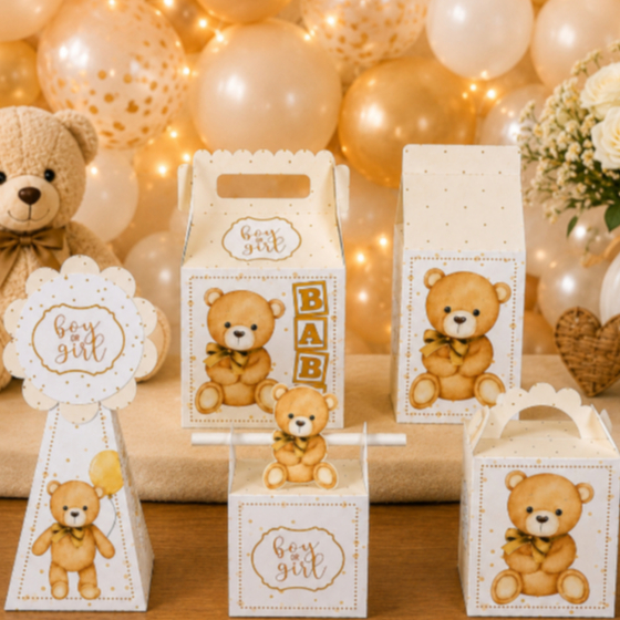 Caixinhas Tema Ursinho Chá Revelação Personalizadas Pegue e Monte