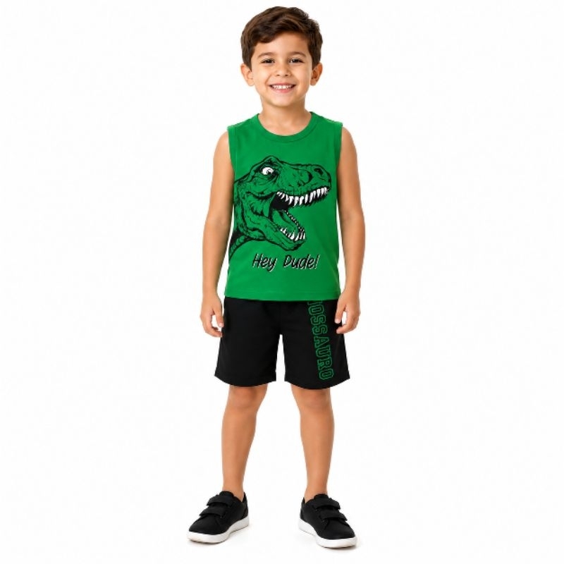 Conjunto regata infantil de menino 100% algodão, temático de dinossauro