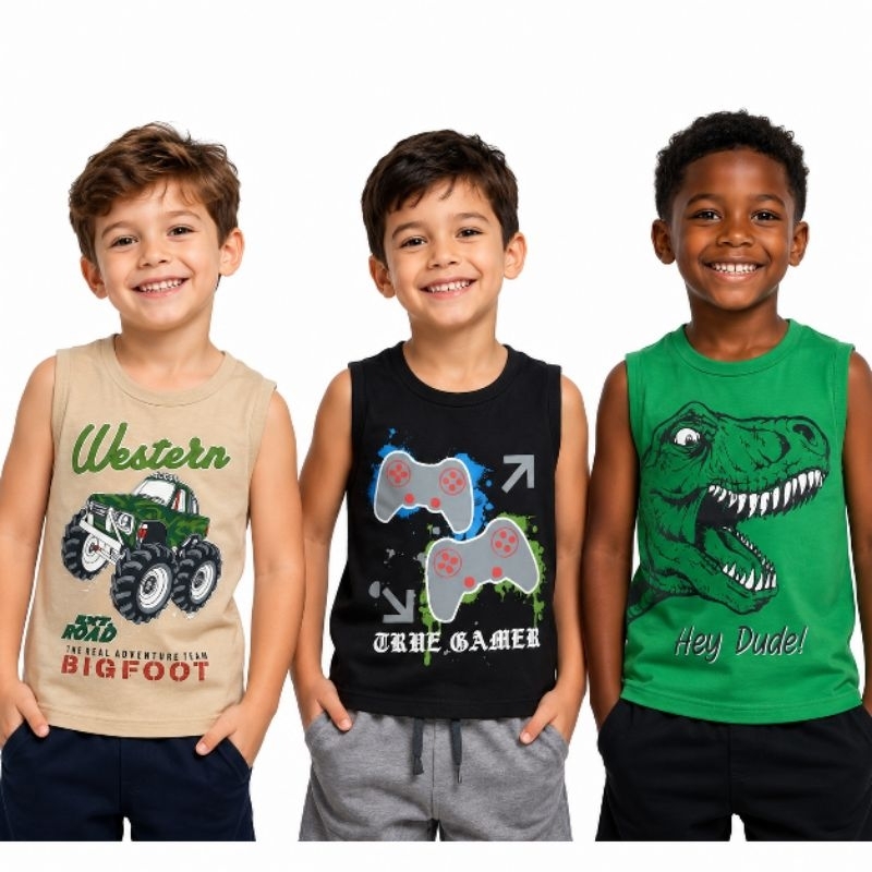 Kit com 3 regatas infantis de menino, malha 100% algodão estampada de dinossauro, carro e game
