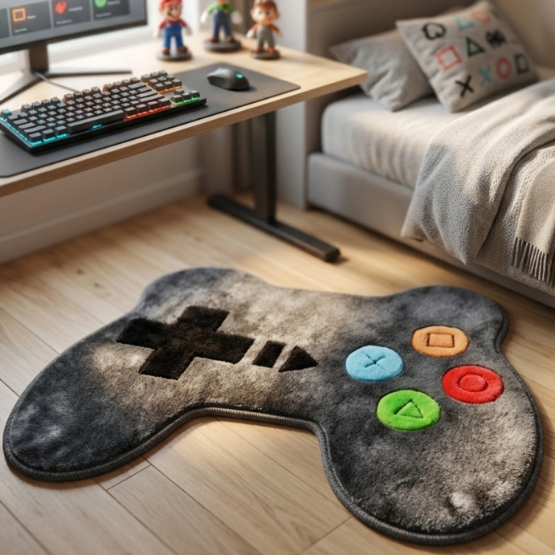 Tapete Gamer Controle Antiderrapante Pelúcia Soft Quarto Sala Grafite Lavável 68x78cm EVA Decorativo
