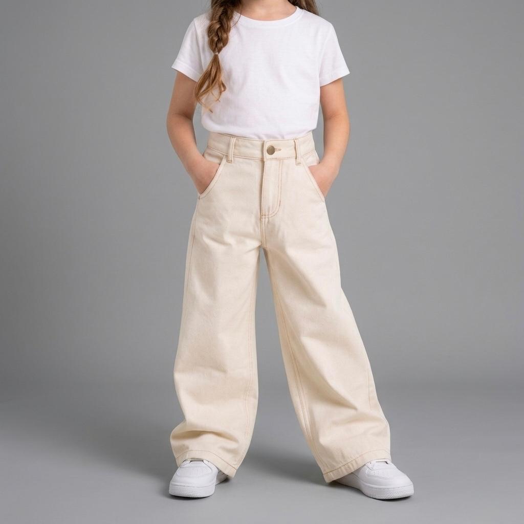 Calça Jeans Wide Leg Infantil Menina Off White 100% Algodão do 4 ao 8 anos