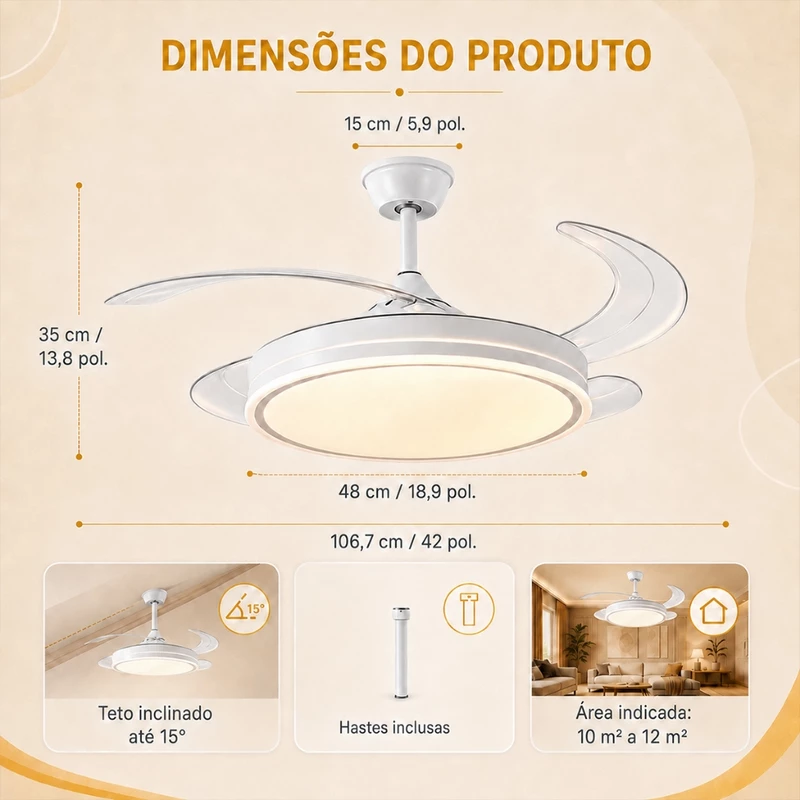 Ventilador de Teto Plafon 6 Pás Retráteis Ultra Silencioso LED — foto 5