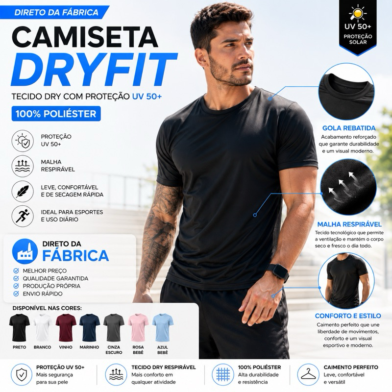 Camiseta Dry Fit Masculina Lisa - Casual Treino Academia Esportes Exercícios Corrida